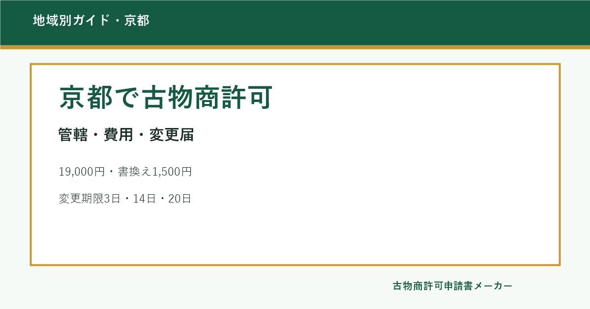 京都で古物商許可を取る際の管轄警察署、費用、変更届を解説するOGP画像