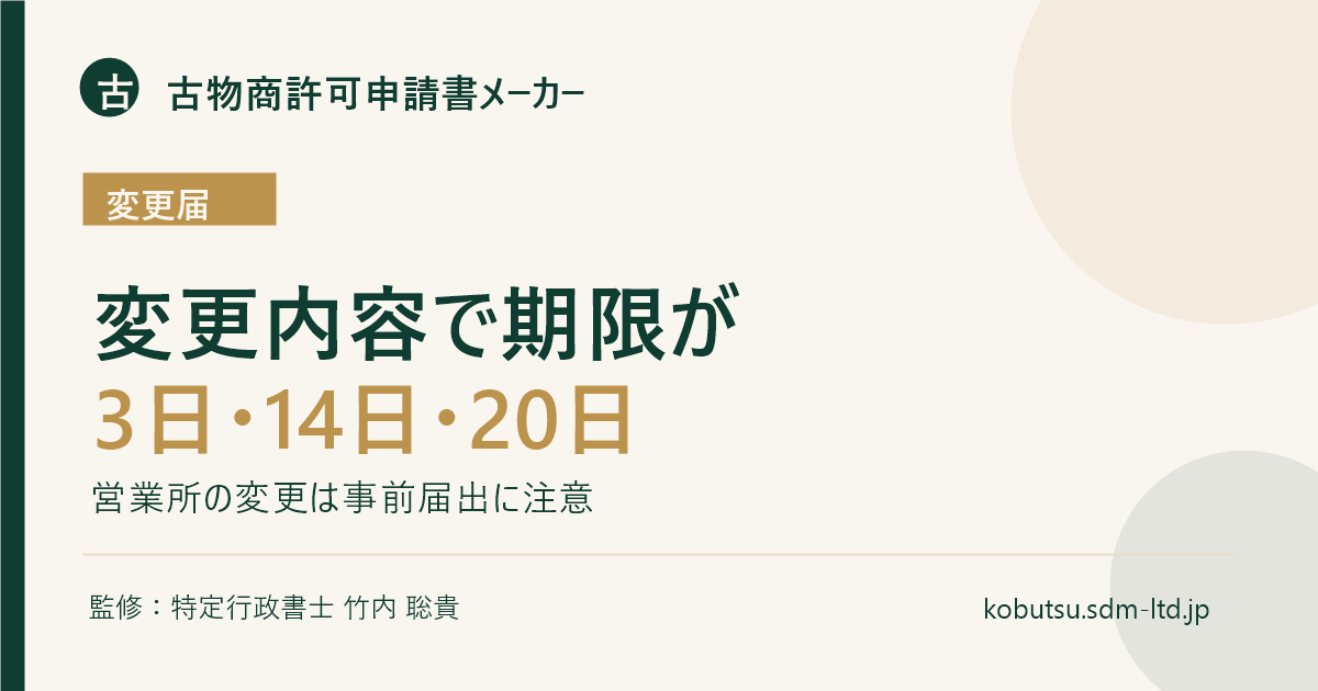 古物商許可の変更届における3日前・14日・20日の期限を解説するOGP画像