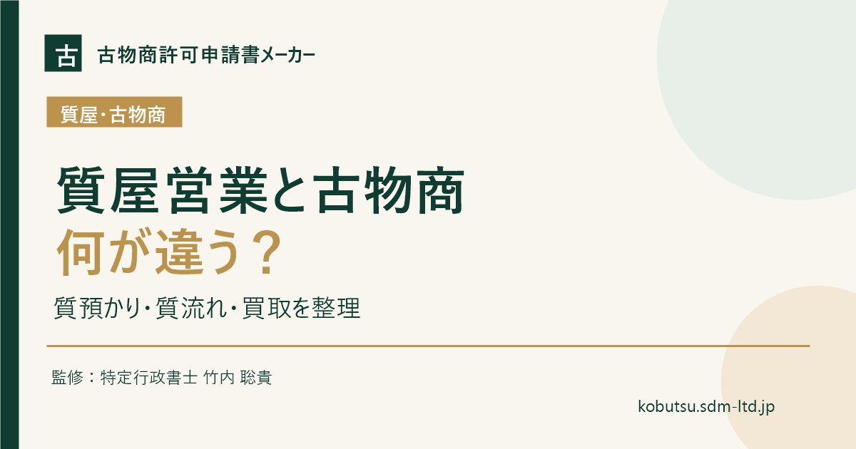 質屋営業と古物商の違い、質流れと買取を解説するOGP画像
